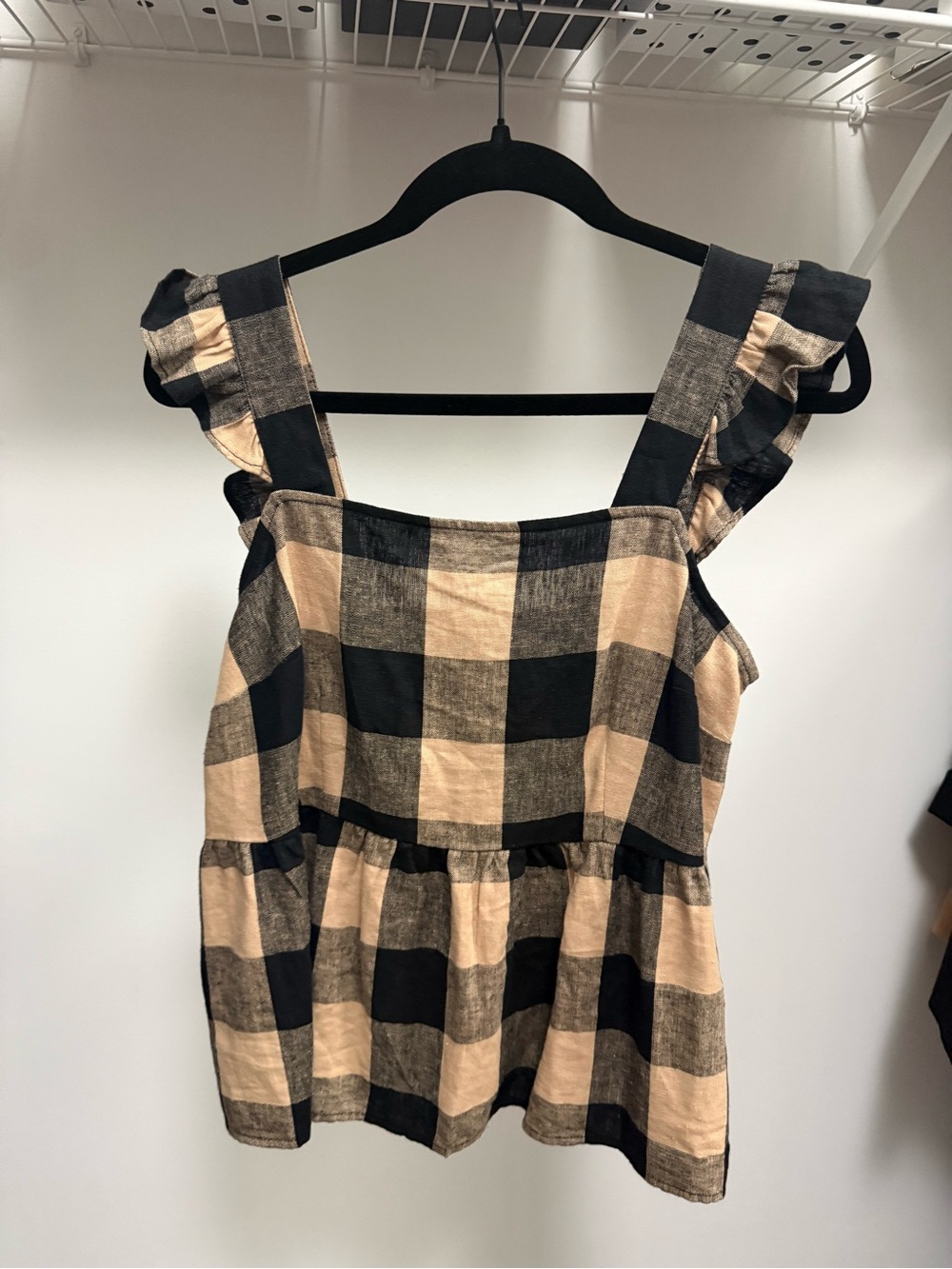 NTW Plaid Ruffle Strap Peplum Top - Black & Beige